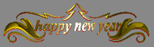 a happy new year sign with gold swirls on a grey background