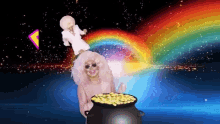 a pixelated image of a woman holding a pot of gold with a rainbow in the background