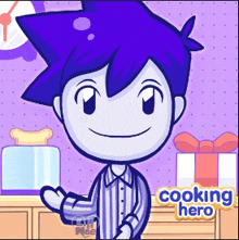 a cartoon of a boy standing in front of a cooking hero logo