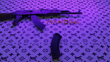 a purple louis vuitton background with a gun and the word manekin on it