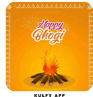 a poster that says happy bhogi with a campfire and fireworks in the background