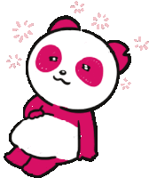 a pink and white cartoon panda bear with pink flowers around it