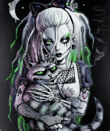 a drawing of alice in wonderland holding a cat with green eyes