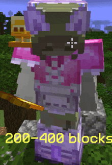 a cow in a pink and purple outfit is standing in a minecraft world