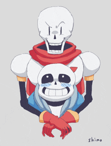 a drawing of two skeletons with the name shimo written below them