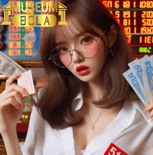 a woman in glasses holds a fan of money in front of a sign that says museum bola