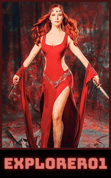 a poster of a woman in a red dress holding a sword and a knife with the words explorer01 below her