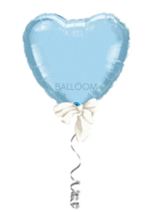 a light blue heart shaped balloon with a bow