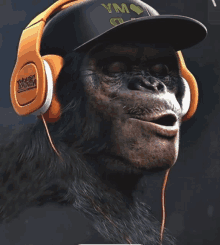 a gorilla wearing headphones and a hat with ym on it