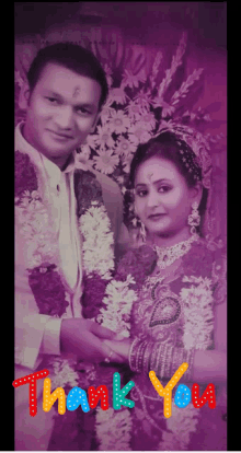 a picture of a bride and groom with the words thank you in red