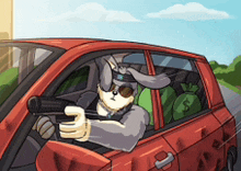 a cartoon of a rabbit driving a red car