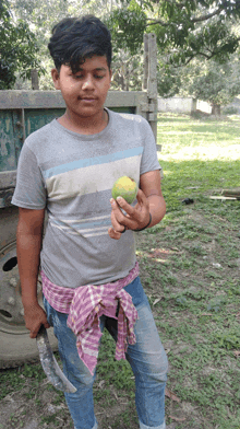 a boy in a grey shirt is holding an orange in his hand