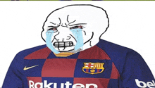 a cartoon of a man wearing a rakuten shirt is crying