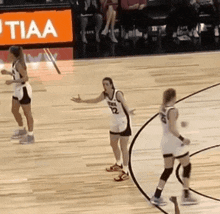 a group of women are playing basketball on a court with a sign that says tiaa in the background .