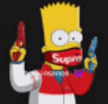 bart simpson is wearing a supreme jacket and holding two guns in his hands .