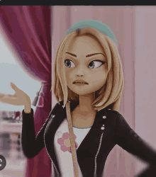 a cartoon girl with blonde hair and a black jacket