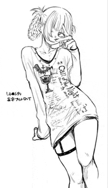 a black and white drawing of a girl wearing a t-shirt and making a peace sign .