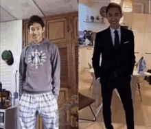 two pictures of a man in pajamas and a suit