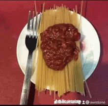 a plate of spaghetti with sauce and a fork on it .