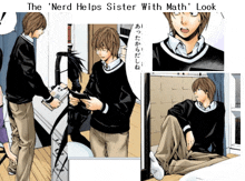 the nerd helps sister with math 's look is written on the bottom of the image