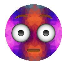 a cartoon face with big eyes and a purple and orange background