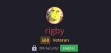 a picture of a man with the name rigby 568 veteran and 2fa security enabled