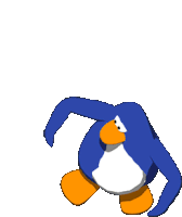 a blue and white penguin with orange feet is dancing on a white background