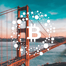 a picture of a golden gate bridge with a bitcoin symbol