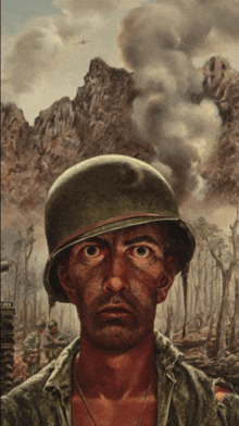 a painting of a man wearing a helmet looking at the camera