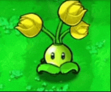 a cartoon character from plants vs zombies with three yellow flowers growing out of it 's head .