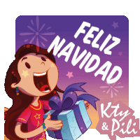 a cartoon of a girl holding a gift with the words feliz navidad in white letters