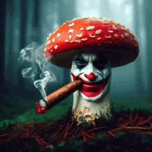 a clown mushroom smoking a cigar with smoke coming out of its mouth