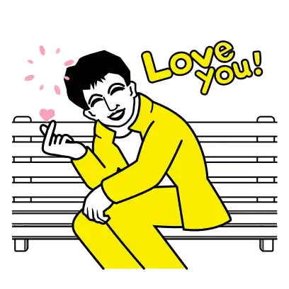 a man in a yellow suit is sitting on a bench with the words love you written on it