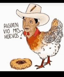 a drawing of a man in a cowboy hat next to a chicken with the words " alguien vio mis huevos "