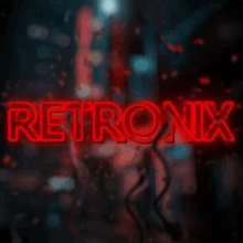 a neon sign that says retronix with a blurry background