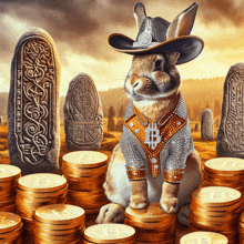 a rabbit wearing a cowboy hat is sitting on a pile of coins with the letter b on them