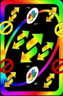 a rainbow colored uno card with arrows pointing in opposite directions