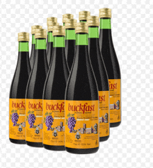 twelve bottles of buckfast tonic wine with a yellow label