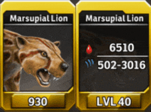 two cards for marsupial lion with lvl40 written on them