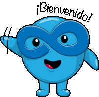 a blue cartoon character with a mask and the words bienvenido on the bottom