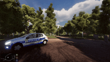 a blue and white police car is parked in a forest