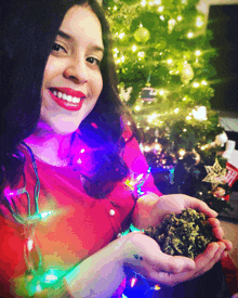 a woman in a red shirt is holding a pile of marijuana