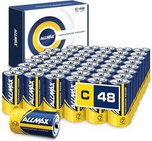 a box of allmax c48 batteries is stacked on top of many other batteries