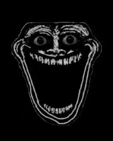 a black and white drawing of a troll face with big eyes and a big mouth .