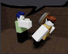 two roblox characters standing next to each other on a wood floor