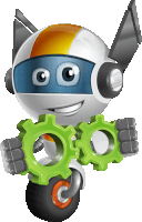 a cartoon robot is holding green gears in his hands