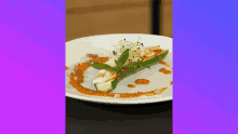 a close up of a plate of food with a purple border