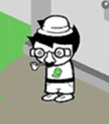 a cartoon character wearing glasses and a hat is standing next to a door .