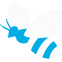 a blue and white bee with striped wings