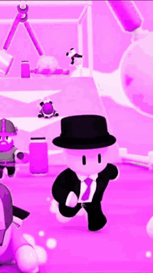 a cartoon character wearing a top hat and tie is running on a purple background